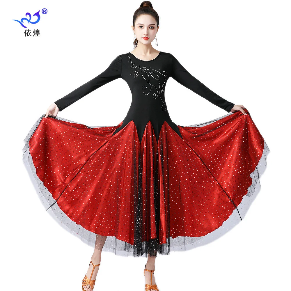 

High Quality Ballroom Dance Dress Women Performance Wear Dresses Modern Standard Tango Waltz Dress Long Sleeves