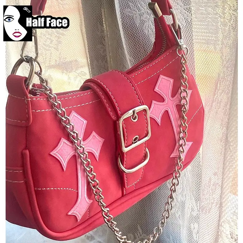 Y2K ragazze piccanti Harajuku donne gotico rosso Punk una spalla Design avanzato ascellare Lolita catena Design borse a tracolla Tote