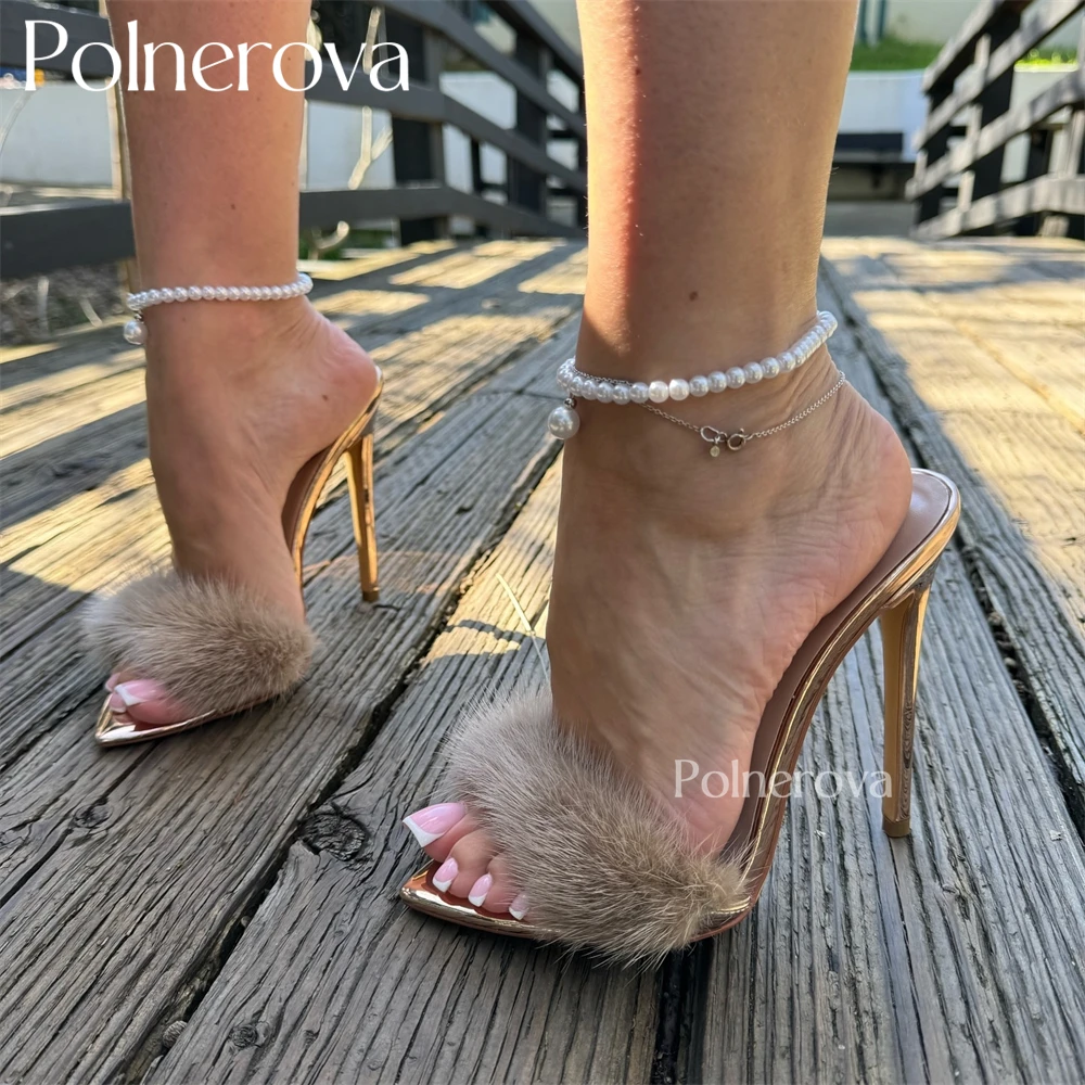 Pointed Toe Stiletto Fur Mules Slip On Sexy Style Summer High Heels Open Toe Rabbit Fur Large Size Women's Sandals Custom Colors