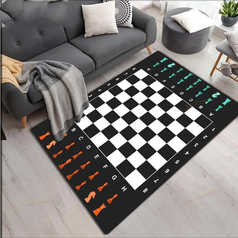 International Chess Chessboard Print Rectangle Carpet Area Rug Black and White Floor Mat Non-slip Rug for Home Entrance Decor