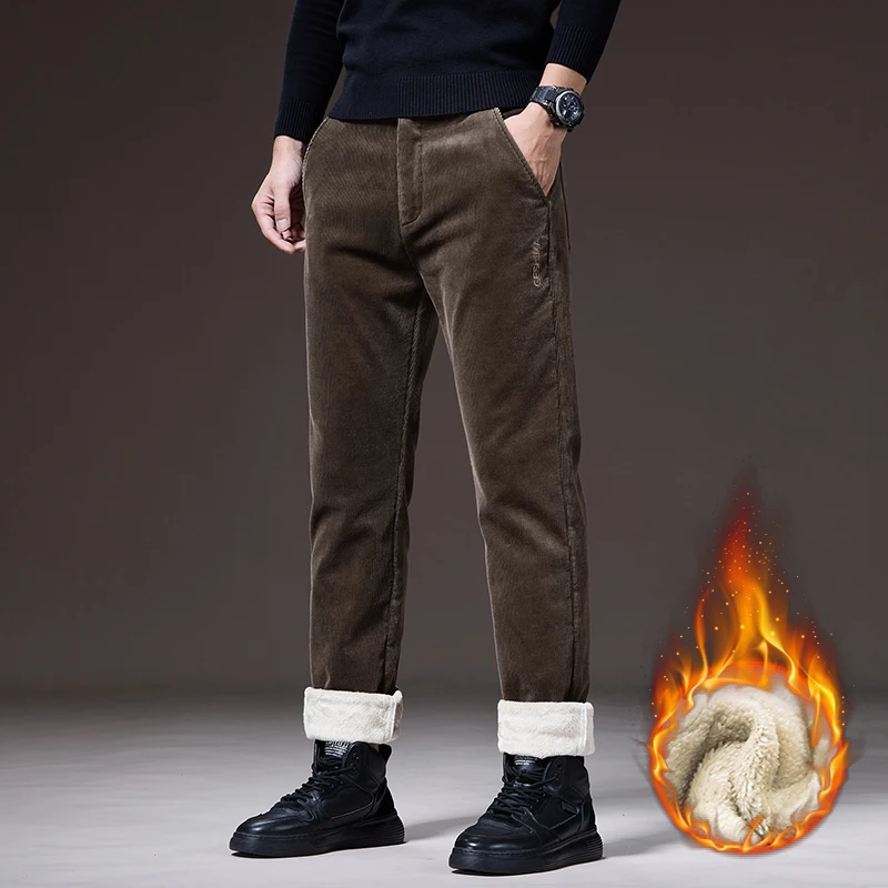 

Fashion Embroidery Corduroy Men's Fleece Casual Pants Business Office Work Male Trousers Thickened Warm Slim Straight Pants Man
