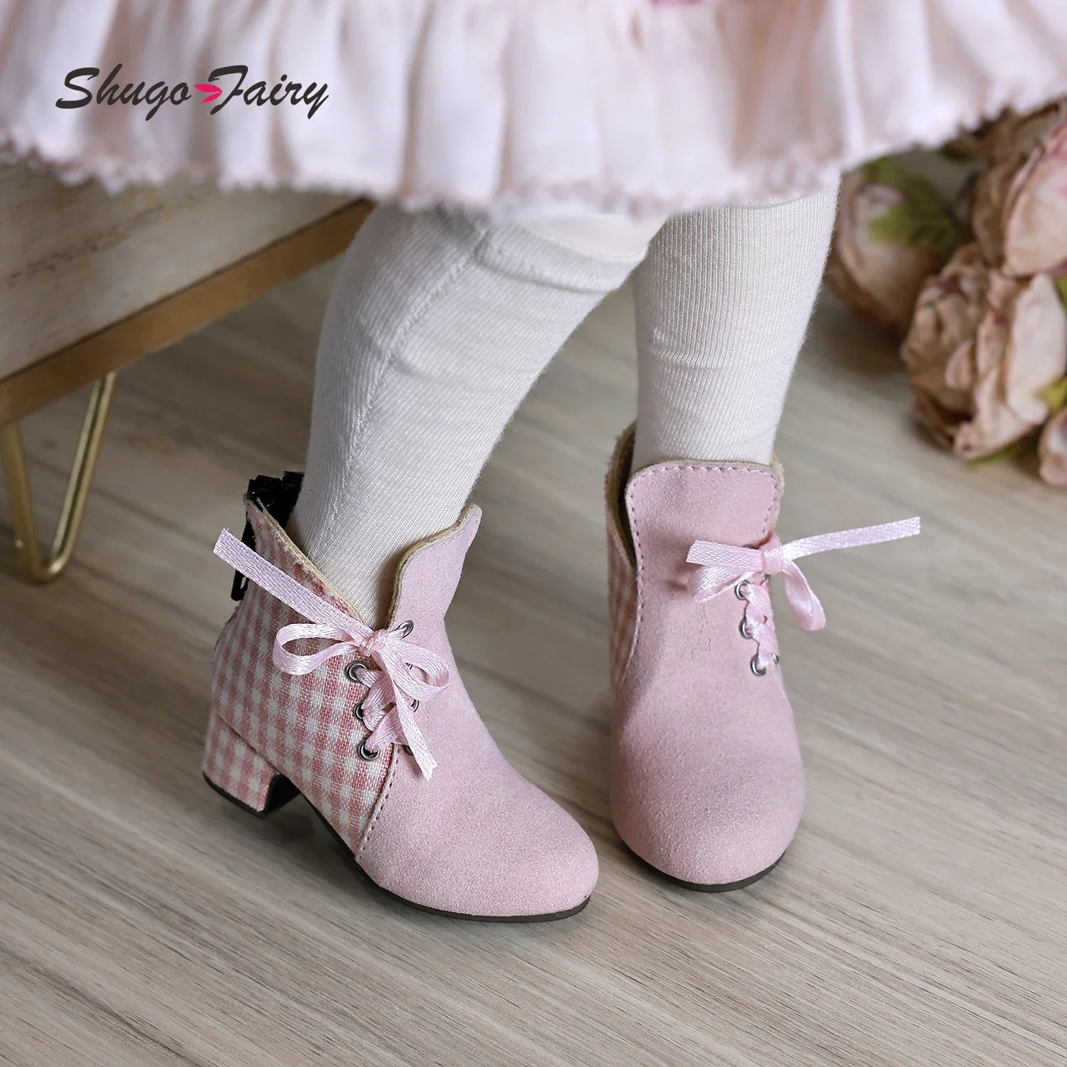 Bjd Doll Shoes 1/4 Fits Luts Body Suede Check Patchwork Chelsea Shoes for High-heeled WX4-141 Bjd Doll Accessories Shugafairy