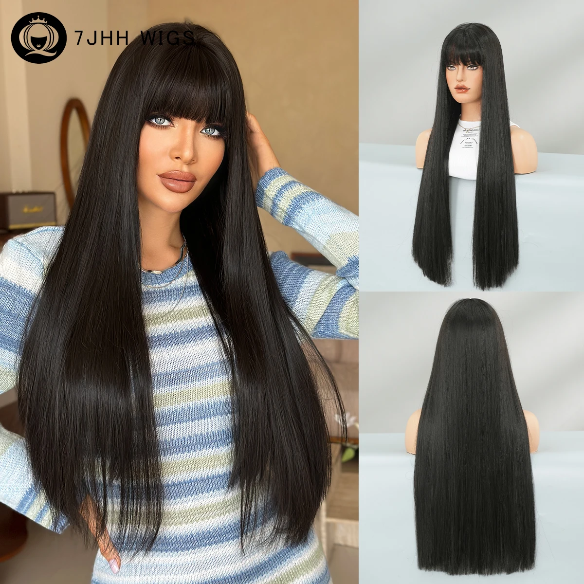 7JHH WIGS Lange, gerade, schwarze Perücke für Damen, synthetische, hitzebeständige, schlichte, modische Perücke zum einfachen Anziehen, schwarze Perücken mit ordentlichem Pony