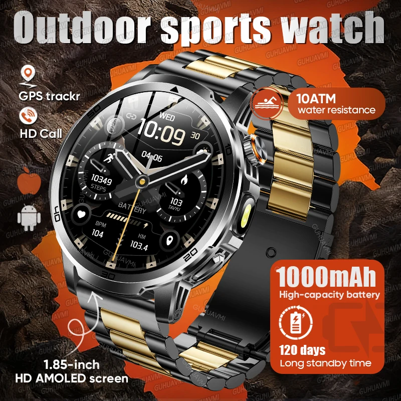

Смарт-часы 2026 для мужчин, военные, для активного отдыха, с аккумулятором 1000 мАч, AMOLED-экраном 1,85 дюйма, водонепроницаемостью 10ATM, тактическим фонариком и спортивным браслетом
