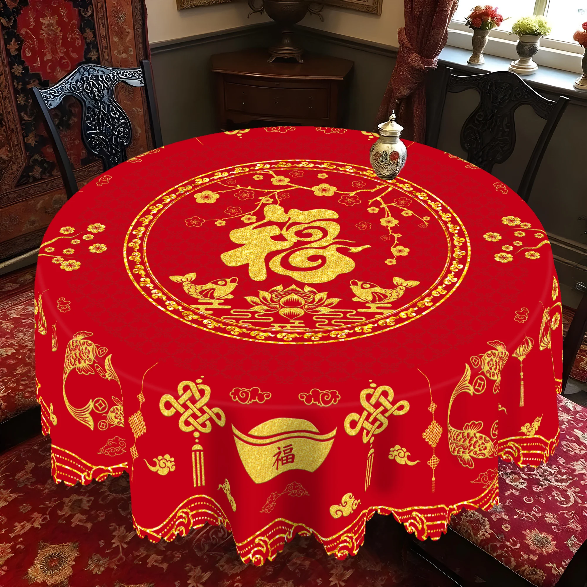 1 Stück chinesische rote runde Tischdecke mit Glückswünschen, 5 Größen, chinesische Frühlingsfest-Tischdecke mit kantonesischem Reichtumsdruck, E