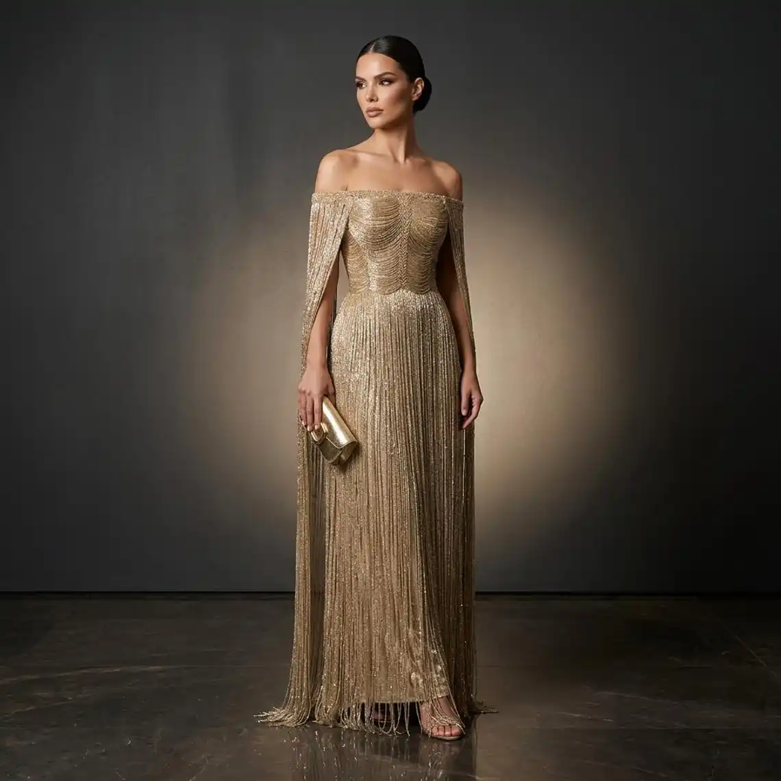 Customized Prom Dresses Luxury Evening Dress Off Shoulder Tassel Party Dresses Cape Sleeve Prom Gown Shiny Mermaid Robes