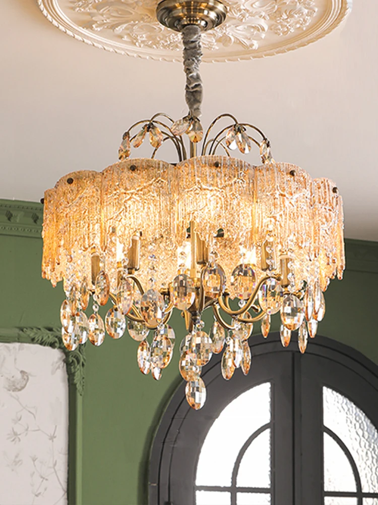 Crystal Dewdrop-Under-Leaf Chandelier Vintage Brass Hanging Lamps for Foyer Living Room Ceiling Decoration Cottage Classic Light