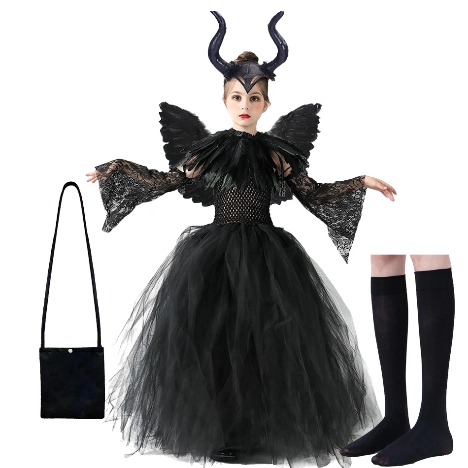 Kids Maleficent Girls Costume Dress Deluxe Mesh Dress Halloween vampire Cosplay Dress Gown Kids Demon Queen Witch Crow Clothes