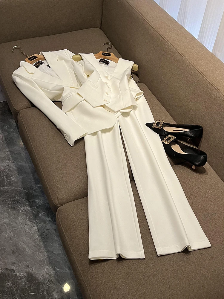 

Ele Белый комплект широких брюк для женщин, повседневная шикарная офисная одежда, свободный костюм-футболка, асимметричный дизайн