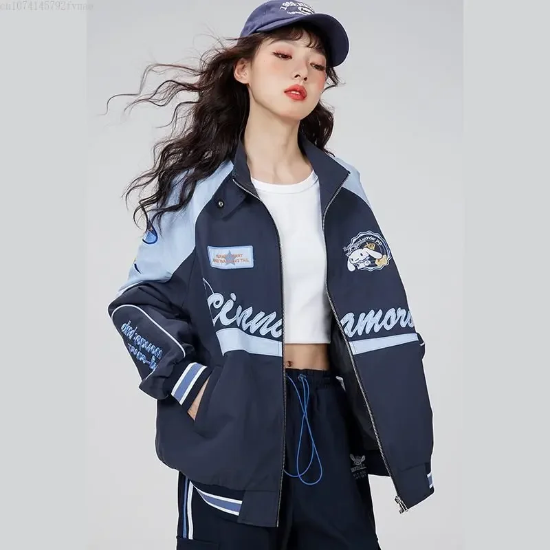 Sanrio Jacket Y2k Oversize Cinnamorolls Biker Racer Jacket Kawaii Women Zipper Coat and Pant Spring Trend Fashion Bomber Jacket