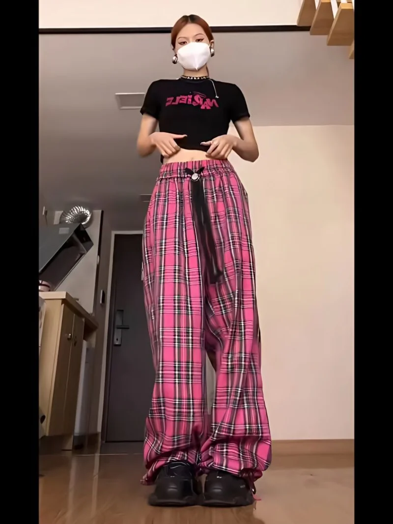 

Pink Plaid Pants Women High Waist Vintage Casual Y2k Streetwear Korean Fashion Wide Leg Trousers Loose 90s Aesthetic