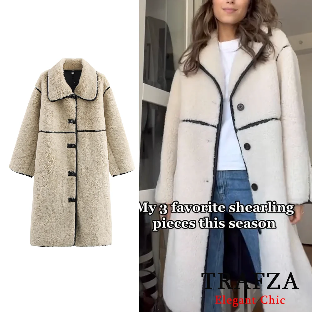 TRAFZA Vintage Fall Winter Faux Fur Long Lapel Coat Women's Lapel Long Coat New 2024 Fashion High Street Y2K Coat