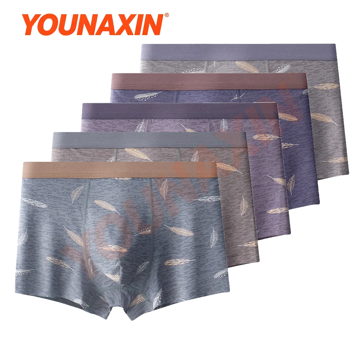 5 Pieces Men's High Waist Cotton Boxer Briefs Plus Size XL-9XL Feather Print Seamless Underwear Breathable Soft Male Underpants