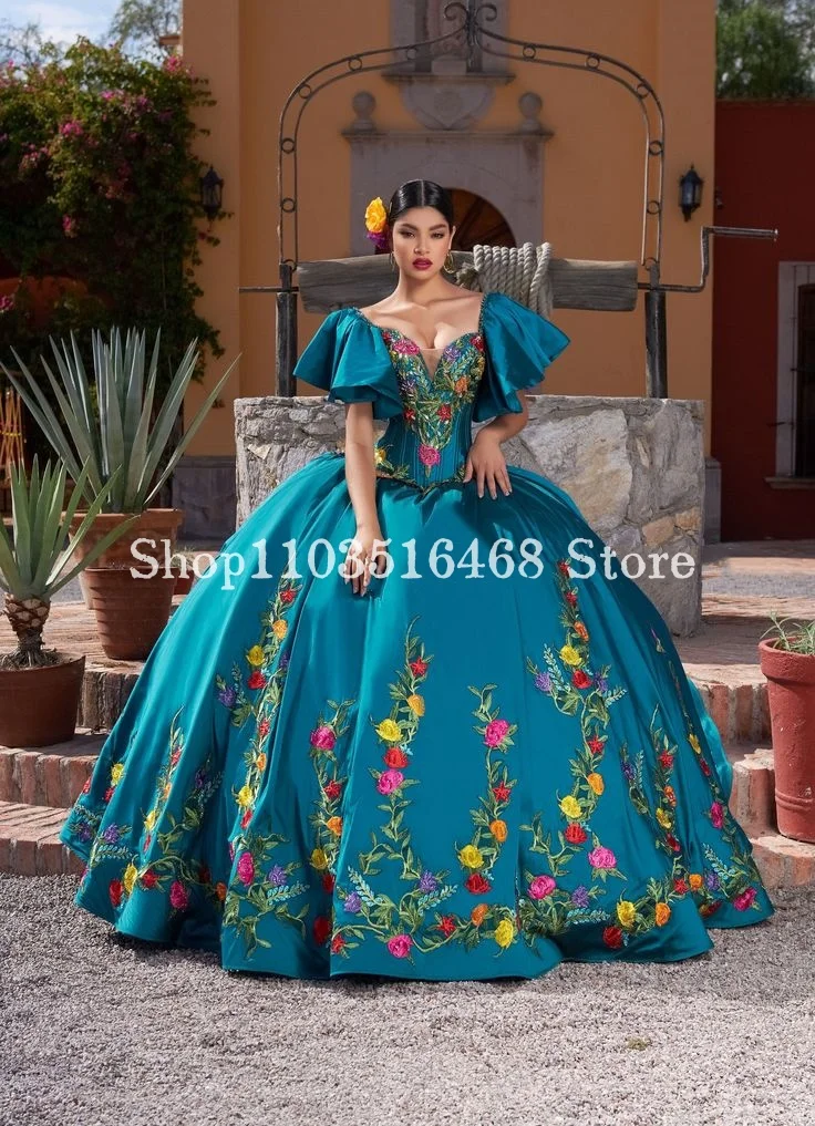 Мексиканские платья Charro Quinceanera 2024 роскошное атласное цветочное вышитое милое платье принцессы vestido de 15 quinceañera