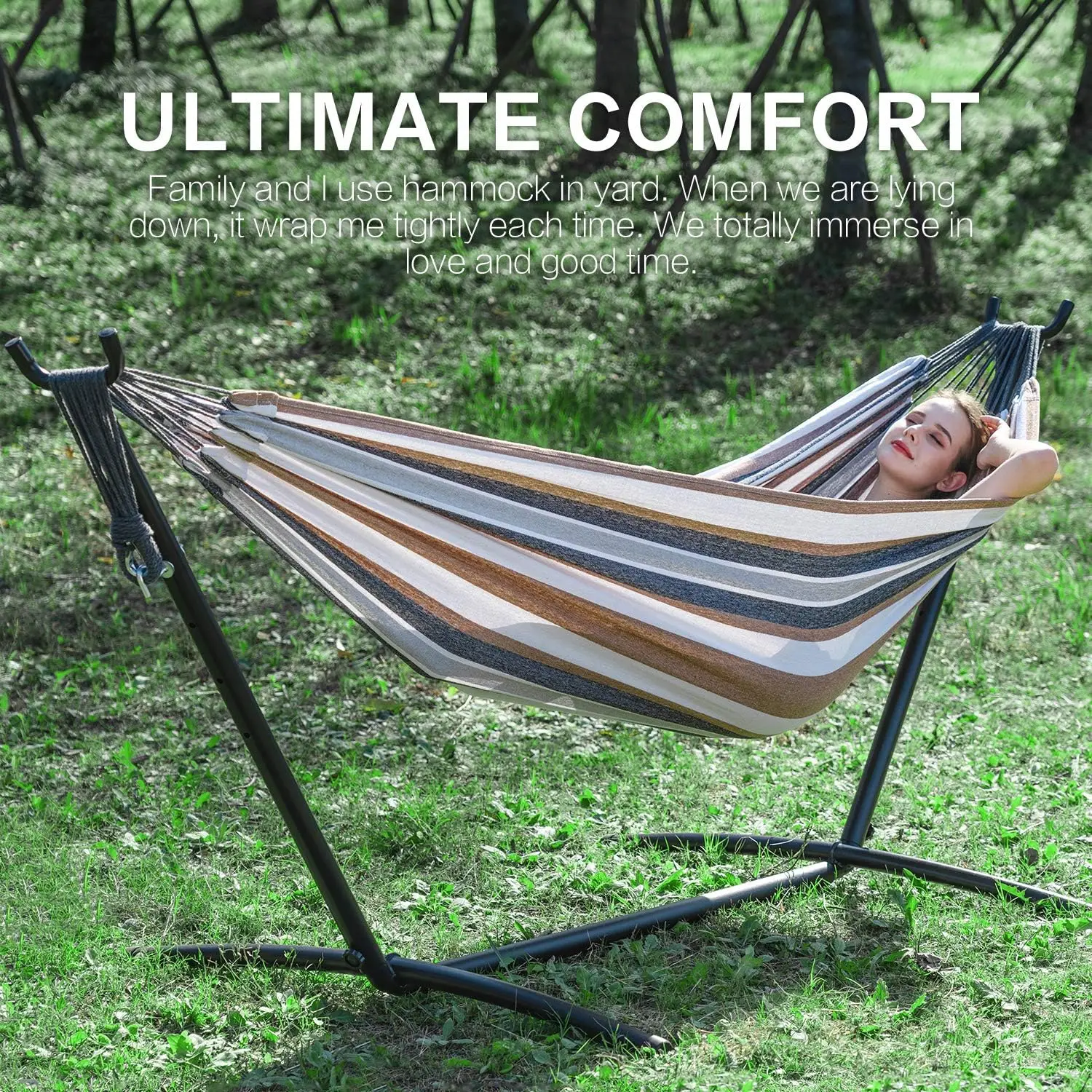 Double Hammock with Space Saving Steel Stand Included 2 Person Heavy Duty Outside Garden Yard Outdoor 450lb Capacity