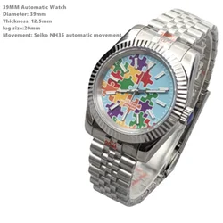 39mm Log Style Puzzle Multicolor Dial Silver Stainless Steel Watch Japan NH35 MINGZHU2813 MIYOTA8215 Automatic Movement