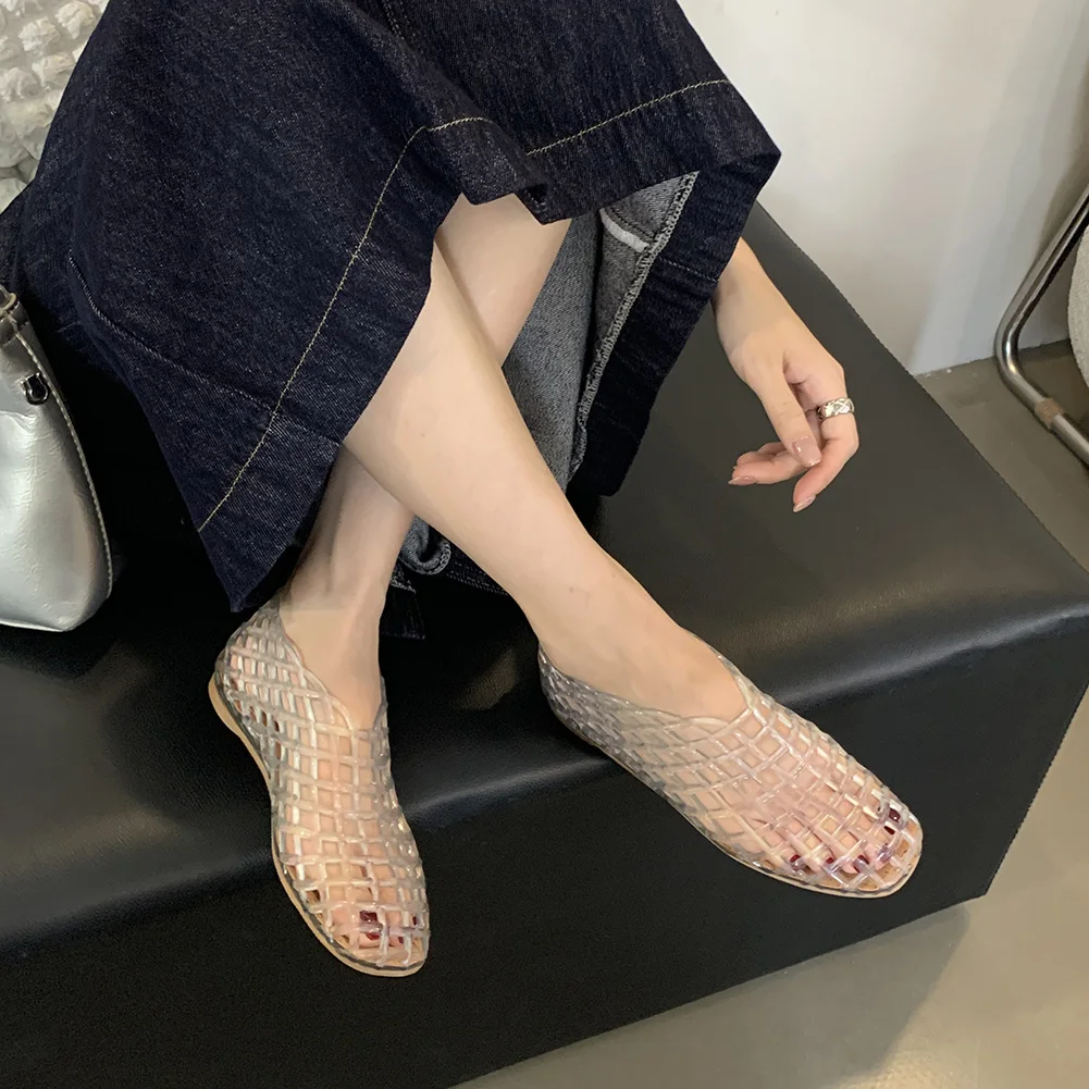 Women Jelly Flats Mesh Ballet Flats Square Toe Fashion Slip-On Flats Lightweight Casual Flat Sandals Breathable for Summer Beach