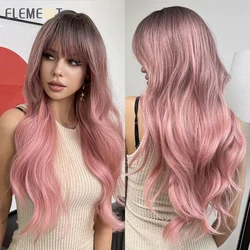 Element Synthetic Long Body Wave Womens Wig Ombre Brown to Pink Wigs with Bangs Cosplay Daily Lolita Natural Heat Resistant Hair