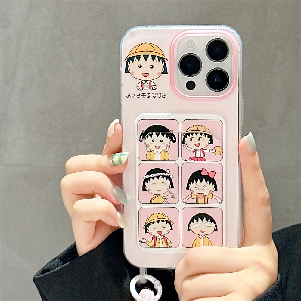 Japan anime cute hat girl Cherry Maruko-chan Pocket wrist strap silicone case for iphone 11 12 13 14 15 Pro Max protection cover