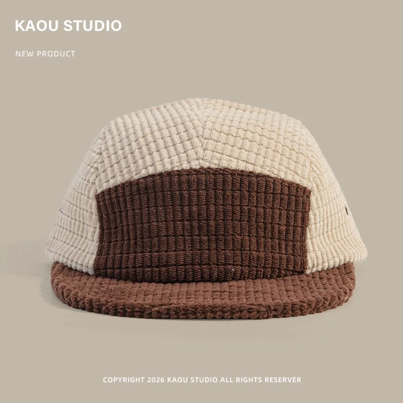 Japanese Retro Color-block Corduroy Five-panel Flat Brim Hat Autumn and Winter Street Soft Brim Baseball Cap for Men and Women