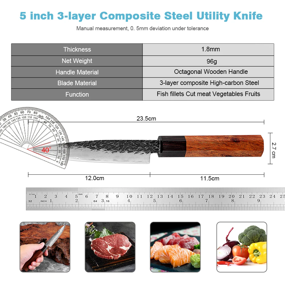 XITUO Japanese 5 Inch Utility Knife Triple-layer Composite Steel Sharp Kitchen Paring Knife Vegetables, Octagonal Wooden Handle