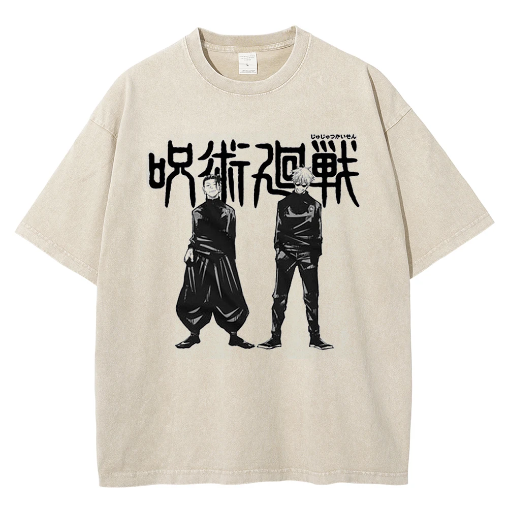 Harajuku Washed Apricot T-Shirt Men Vintage Comic Graphic T Shirt Streetwear Summer Men Japanese Anime Oversize Tees