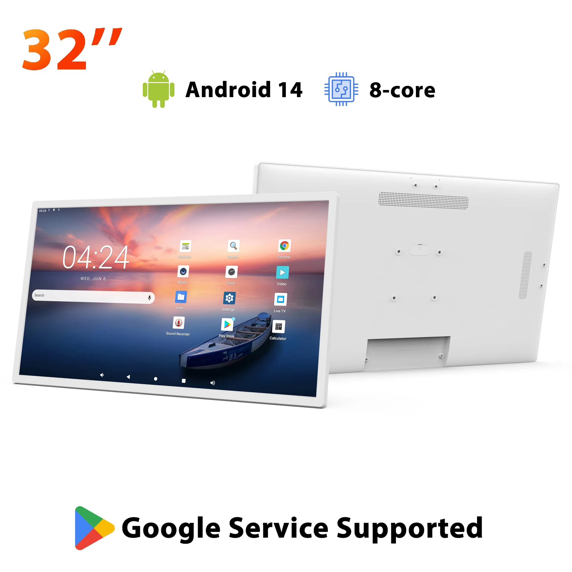 가로 및 세로 화면 벽걸이, HDMI IN 모니터, 안드로이드 14 FHD, 32 인치 태블릿, 8 코어, 1920x1080P, 화이트 및 블랙 컬러