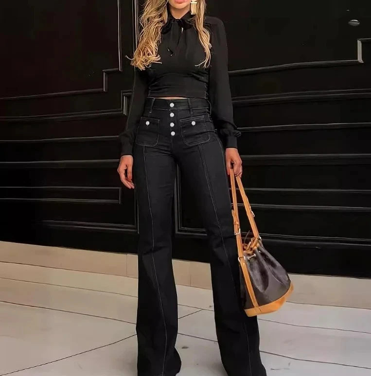 

Women Fashion Vintage Washing Denim Long Pant Wide Leg High Waist Jeans New Lady Summer Commuter Y2k Denim Trousers