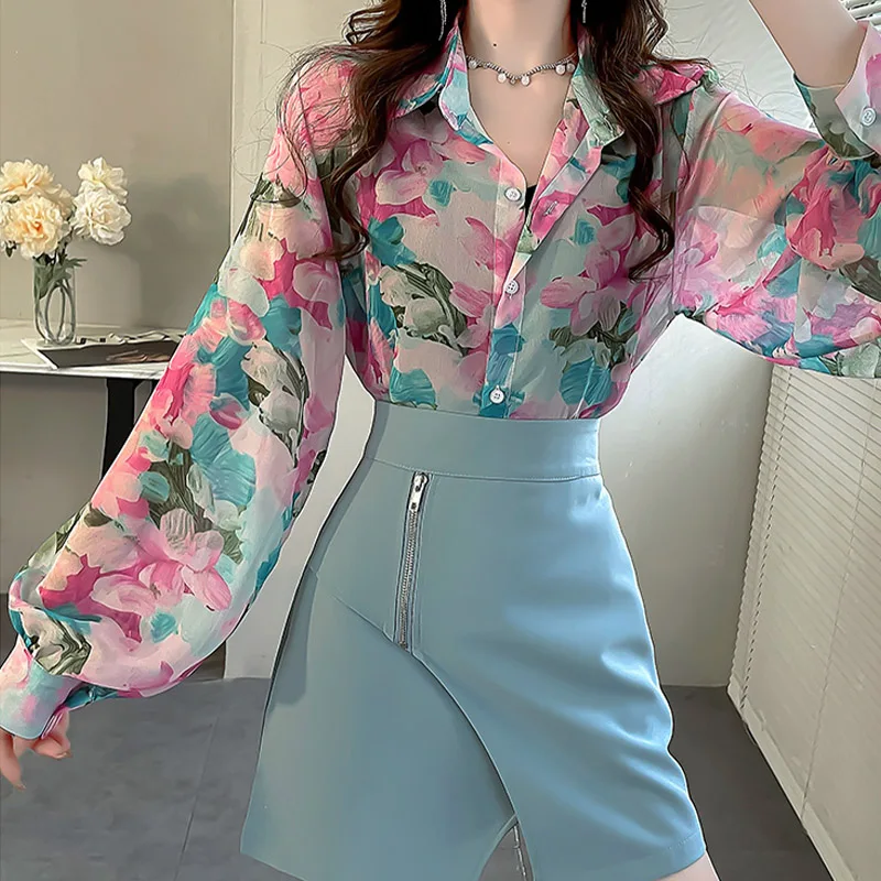 Women Clothing Korean Style Chic Print Shirts Spring Summer Elegant Fashion Polo-neck Long Sleeve Blouses Casual Loose Thin Tops