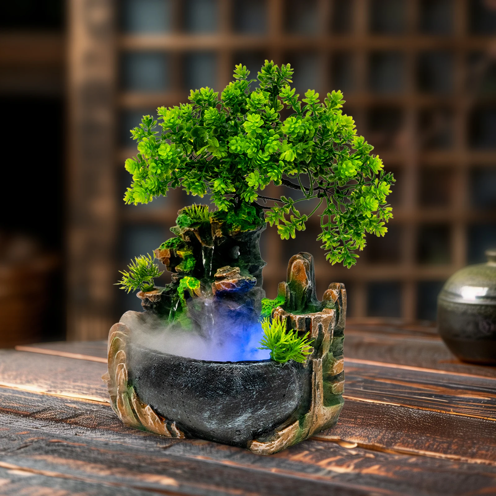 

7.87*5.9*11'' Tabletop Fountain LED Flowing Water Lifelike Pine Elegant Low Voice Modern for Home Foyer Office Decoration