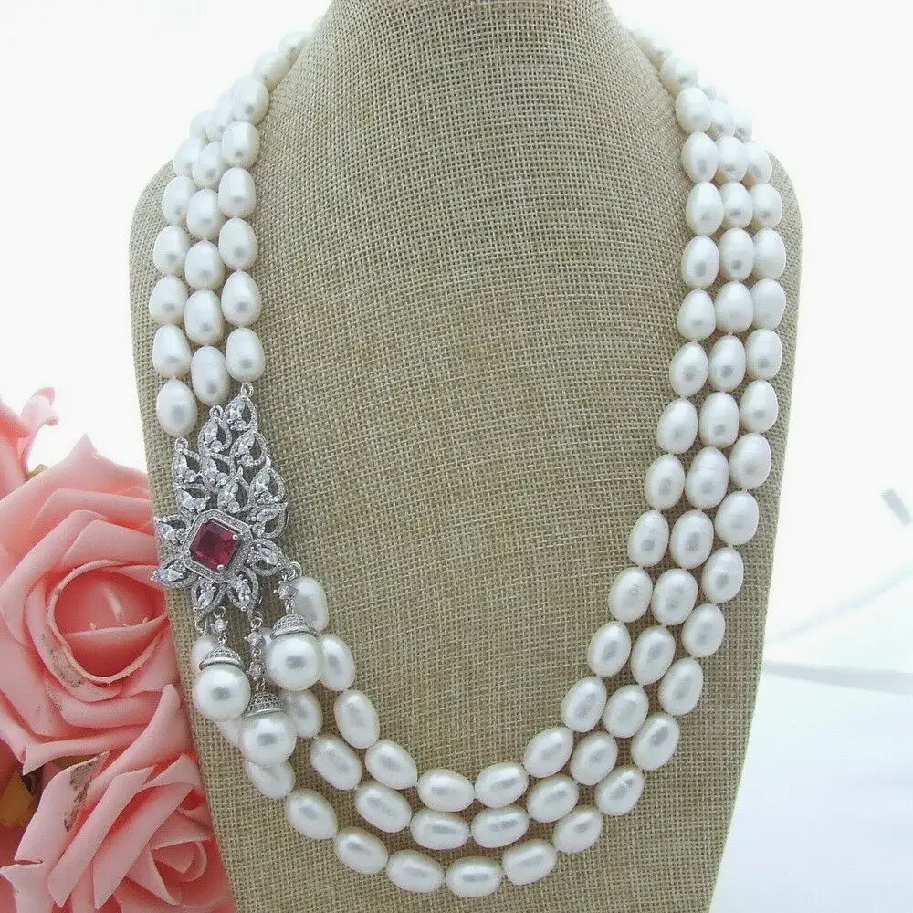 

18" 10-12mm 3 Strands White Baroque Pearl Necklace zircon Connector