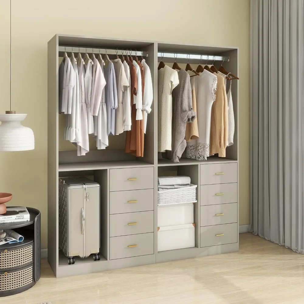 

Wood Closet System with 8 Drawers 2 Hanging Rods Clothes Organzier Storage Cabinet and Shelves Organization Walk