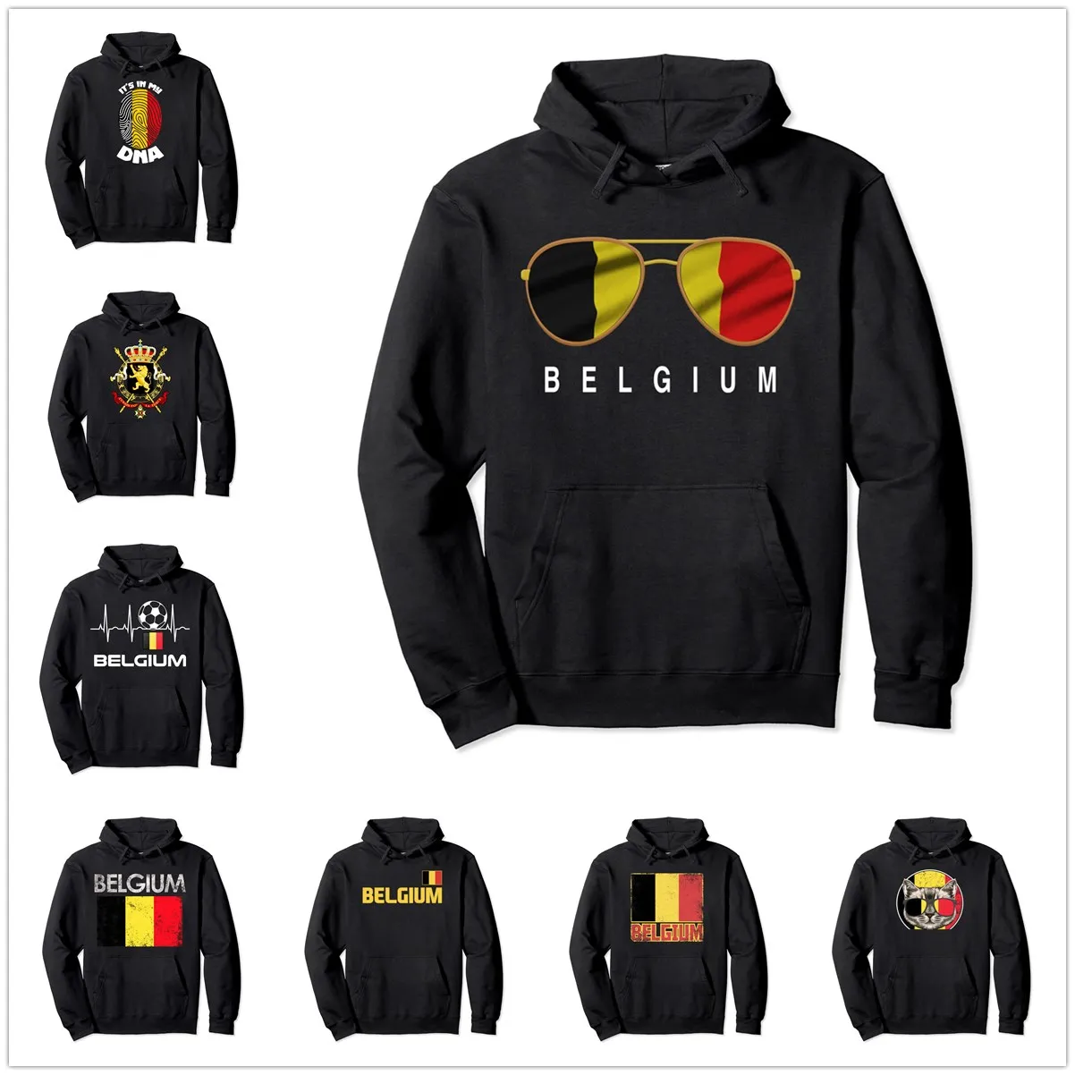 Flag Belgium Sunglasses Pullover Hoodie Men Women Unisex Cotton Hoodies Man Hip Hop Style Sweatshirt