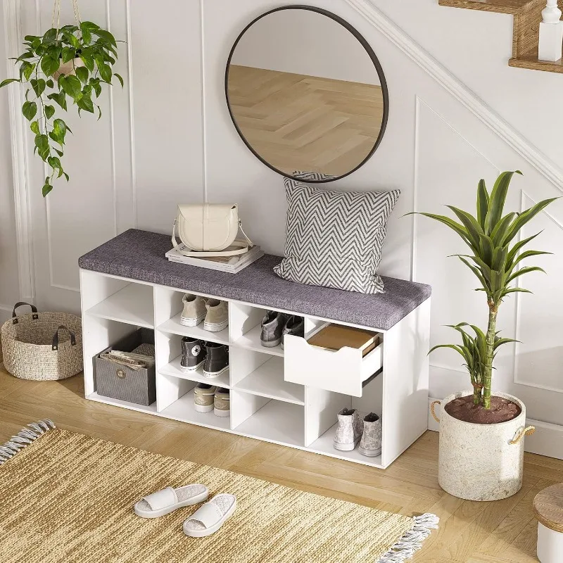 ม้านั่งเก็บของทางเข้าพร้อมลิ้นชักและ 11 Cubbies, ชั้นวางรองเท้า Cubby พร้อมชั้นวางปรับระดับได้, ที่เก็บรองเท้า