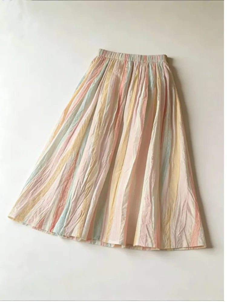 

High Waist A-Line Skirt Loose Fit Summer Commute Rainbow Stripes Women's plus Size Casual Skirts Chinese Brand