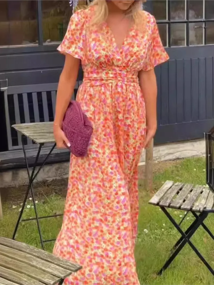 

New Summer Fashion Boho Floral Long Dress For Women Sexy V-neck Short Sleeve High Waist A-line Dress Elegant Women's Vestidos