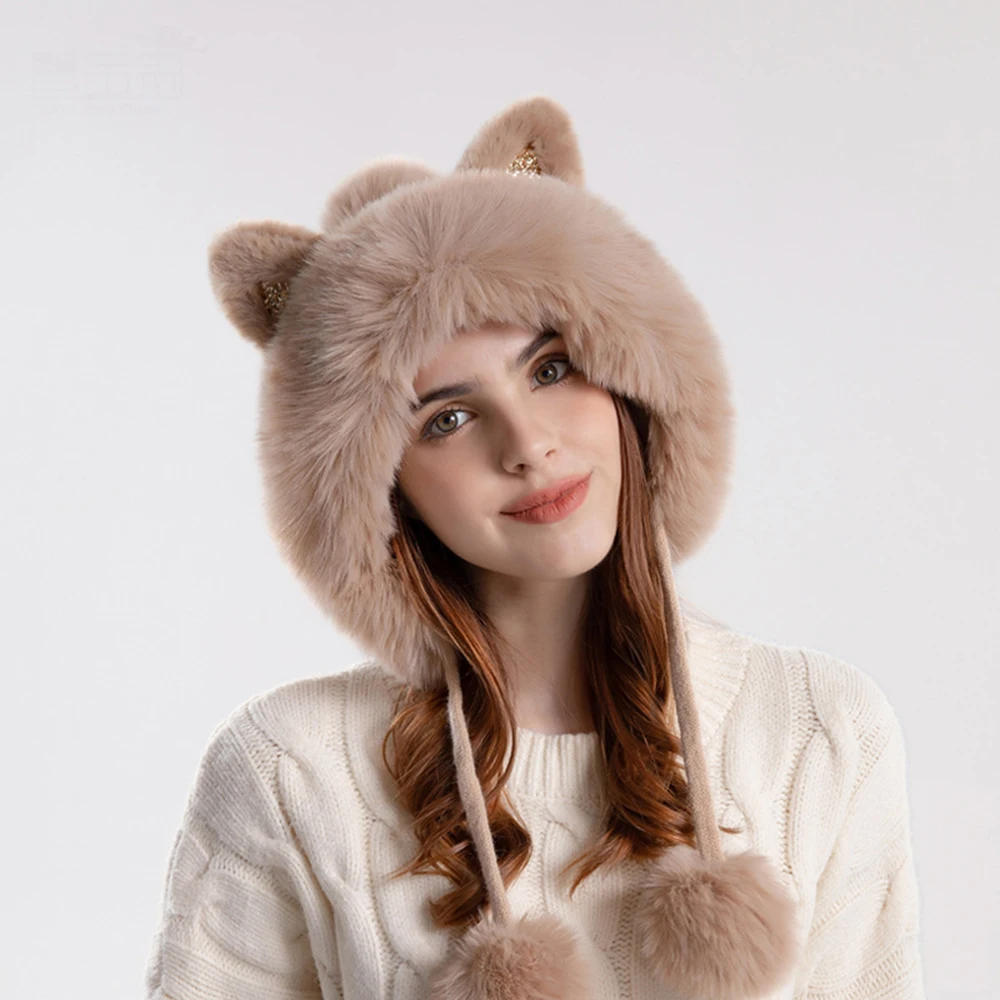 2023 Cute Cat Ears Winter Hat Add Fluff Lined Windproof Warm Beanies With Hairballs Outdoor Ear Protection Luxury Hats For Women