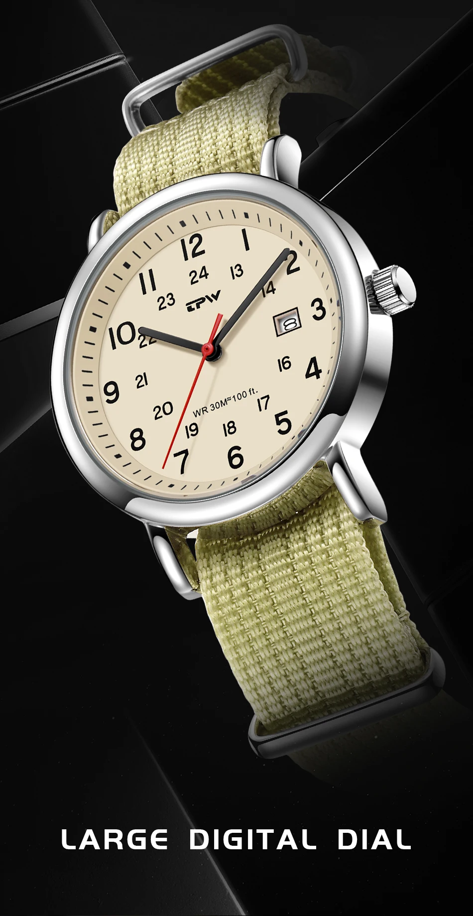 2026 TPW Felduhr Leicht ablesbares Stoffarmband 24-Stunden-Anzeige Quarzwerk Tagesfunktion – Detail 1