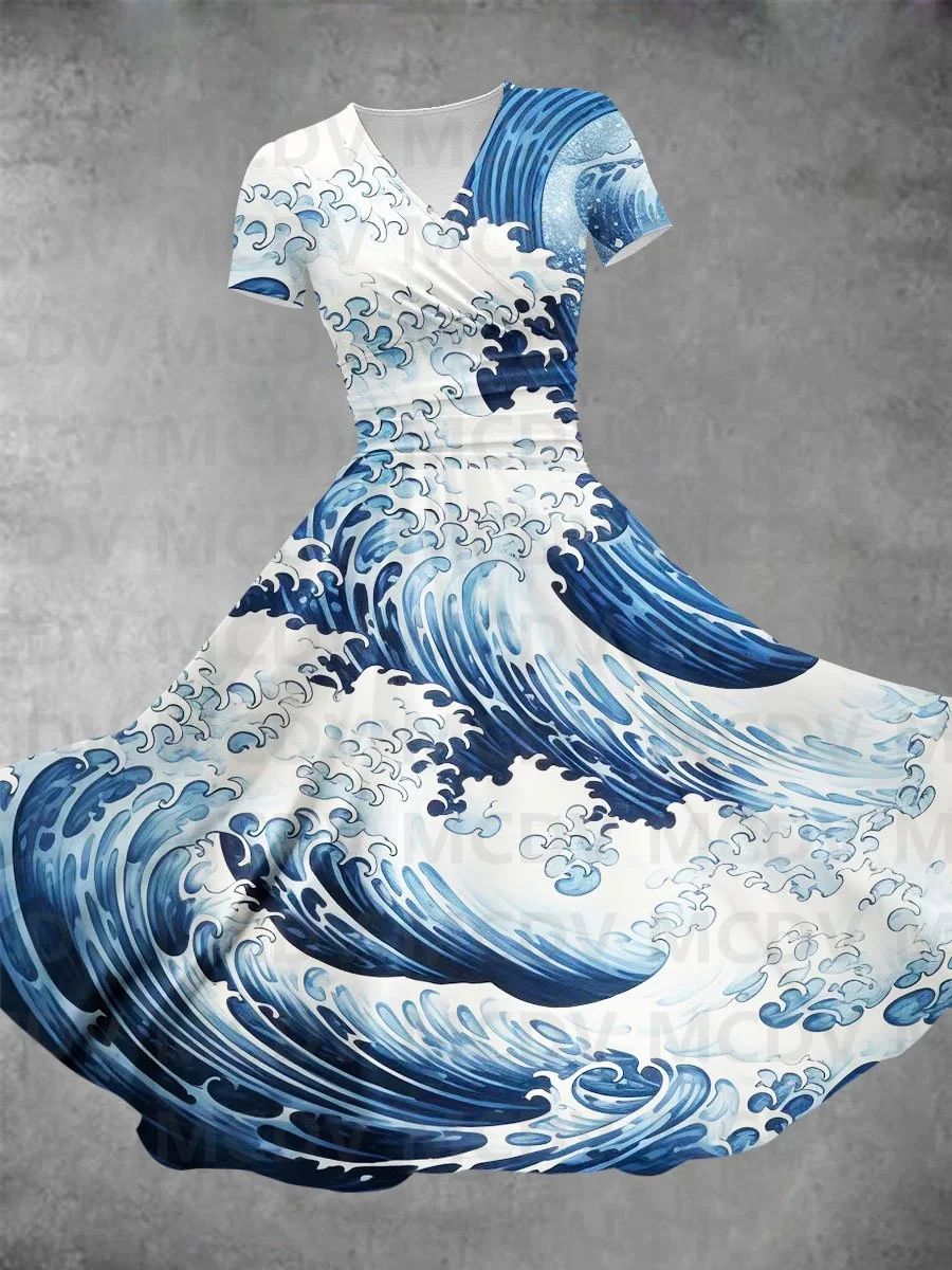 Women's Ocean Waves Art Print Design Maxi Dress Sexy V-neck Dress Female Dresses