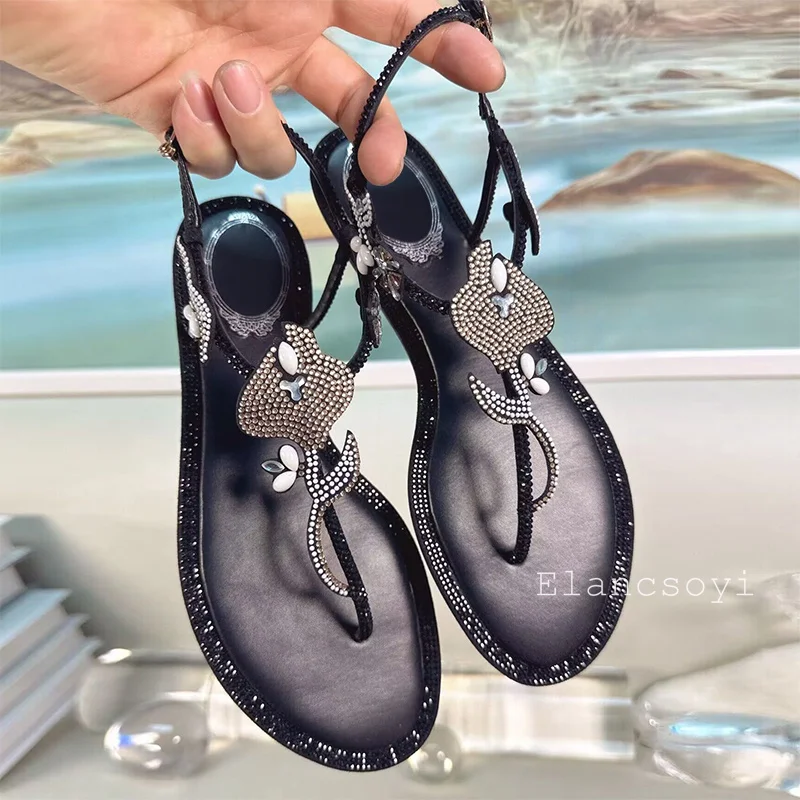 Chanclas de verano, Sandalias planas con punta abierta, zapatos de fiesta con flores y diamantes de imitación brillantes para mujer, Sandalias de gladiador con correa y hebilla