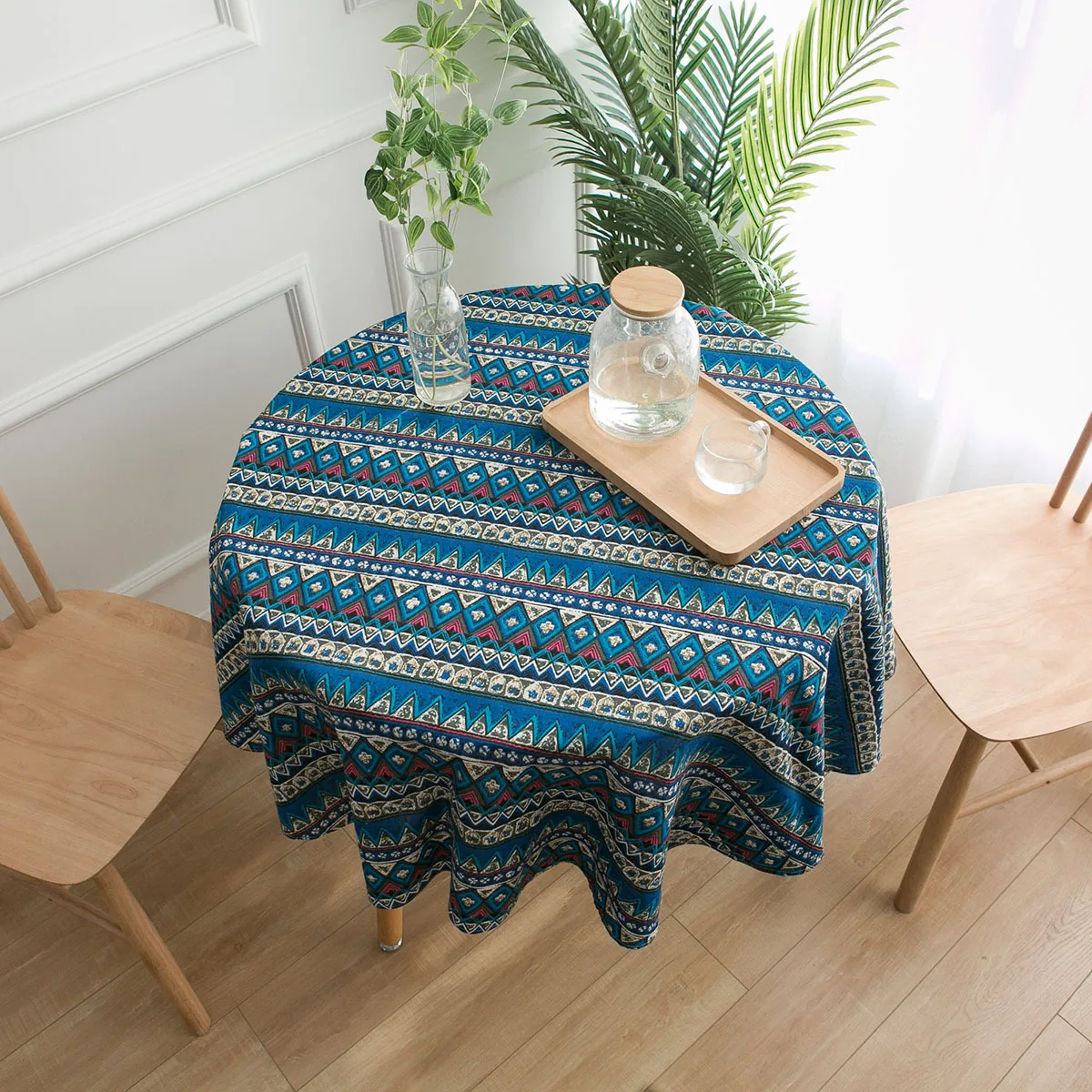 Bohemian Blue Tablecloth Geometric Print Tablecloth Mediterranean Style Napkin Cotton Linen Print Coffee Table Cover Towel