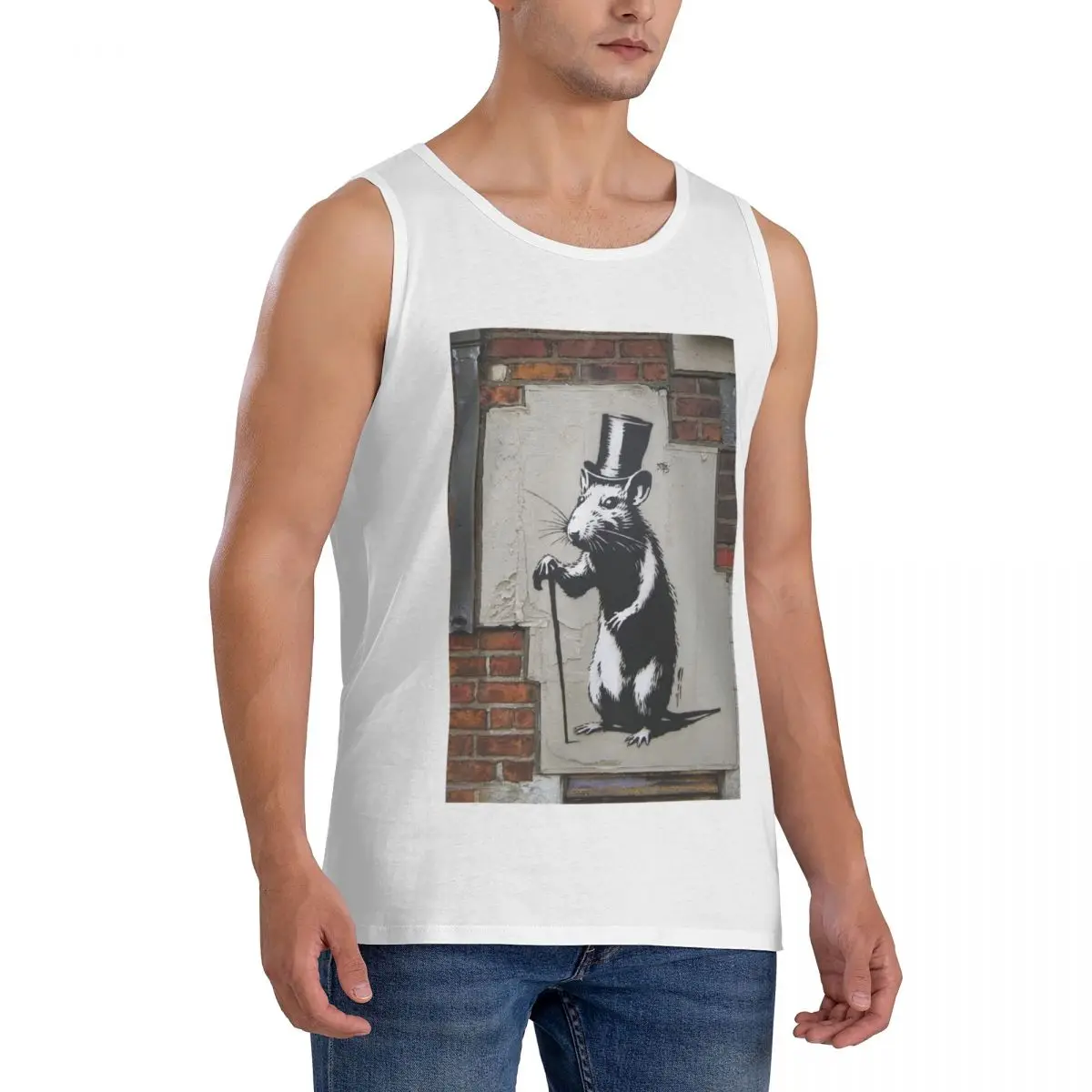 100% Cotton Banksy Rat Street Art Sleeveless T-Shirt Men Workout Sports Clothing Tops Men's Crew Neck Vest