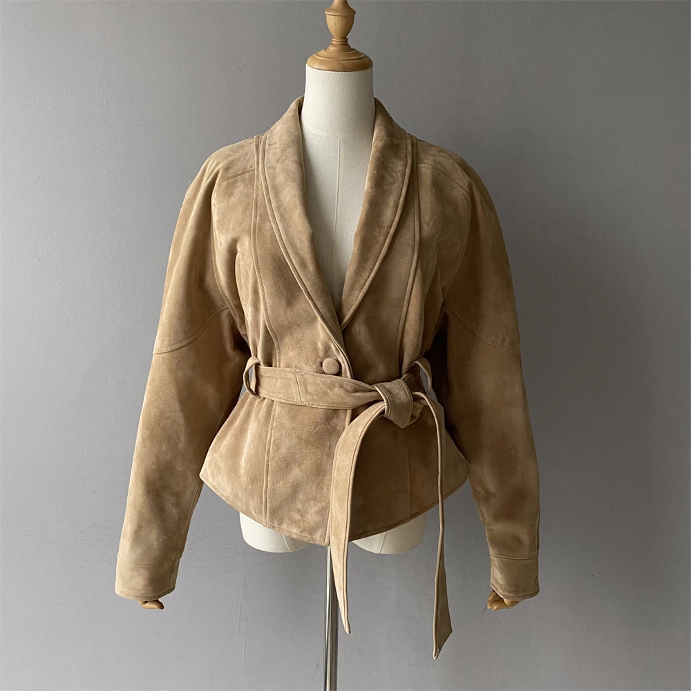Jxwatcher Women's Real Suede Leather Coat 2025 Spring Autumn New Style Genuine Sheepskin Jacket Ladies Fashion Blazer with Belt