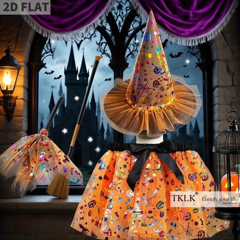 

1 Set Costumes and Prop Spooktacular Creations Halloween Witch Costume, Dress with Hat and Broom, Bat Outfit Set for Role Play