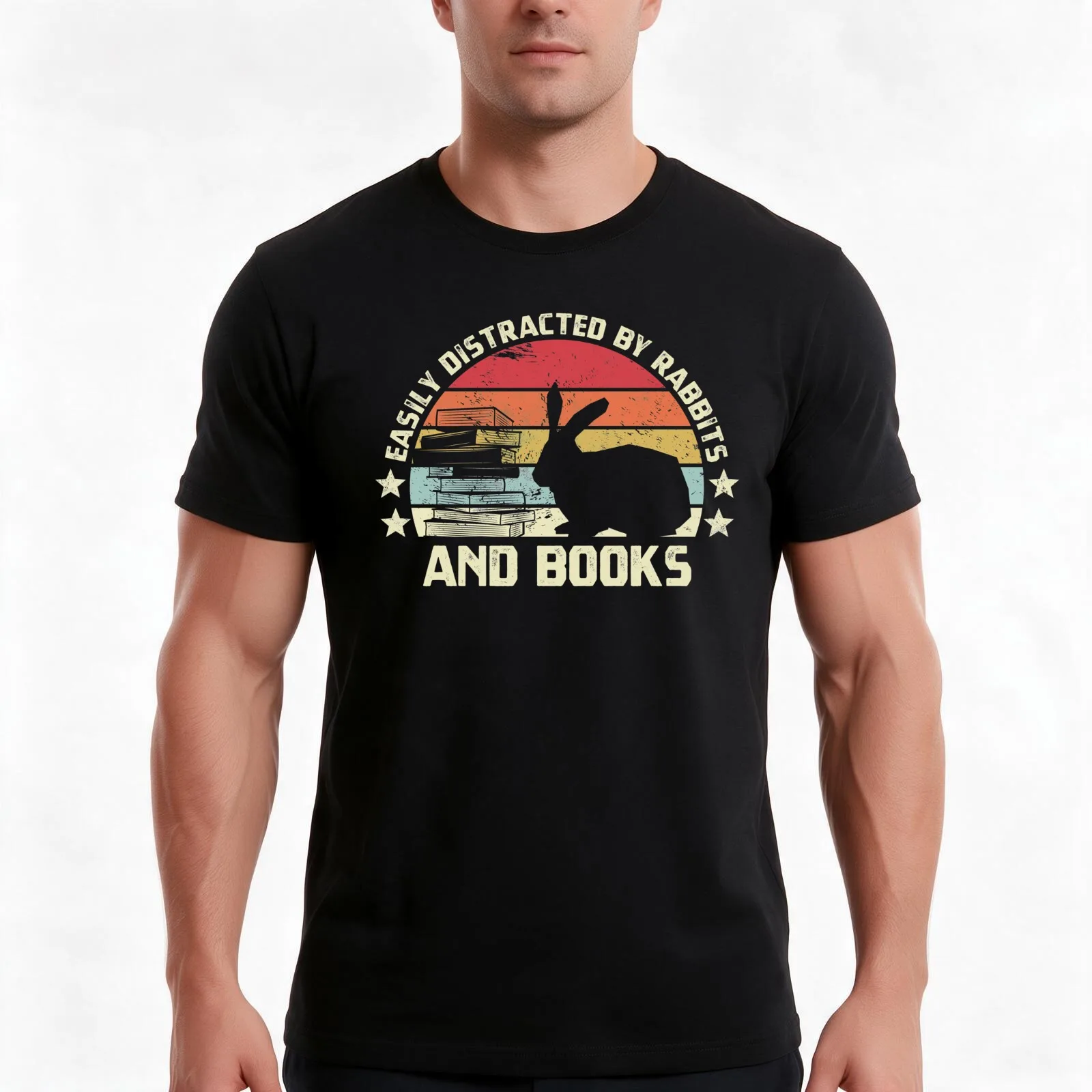 Easily distracted by rabbits and books vintage readers and rabbits lovers gift T-Shirt, Summer Casual Cotton Tee, 100% Cotton