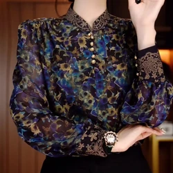 Spring Autumn Stand Collar Long Sleeve Fashion Blouse Women High Street Casual Loose Printing Pullovers Vintage All-match Tops