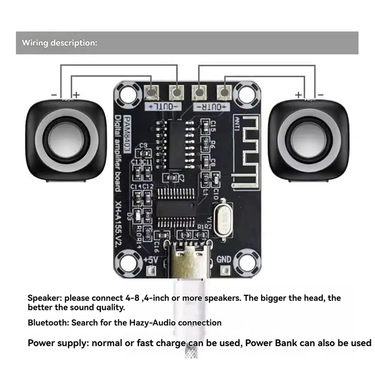 POP-lXH-A155 Мини-плата цифрового усилителя PAM8403 Ультра четкий цифровой усилитель Bluetooth TYPE-C с питанием, двойной 5 Вт