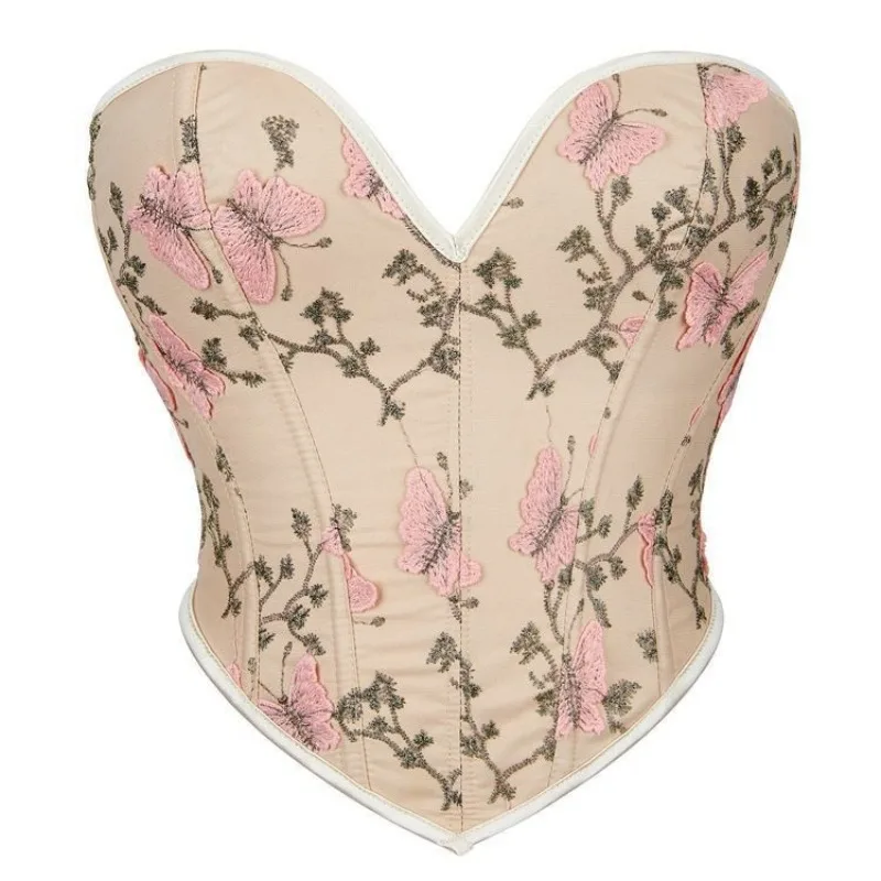 3D Butterfly Embroidery Strapless Corset Sweetheart Neck Pointed Hem Vintage Floral Waist Cincher Bustier