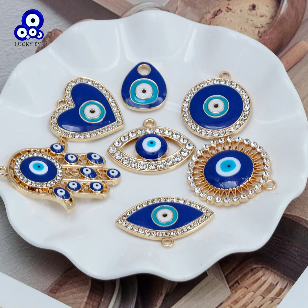 Lucky Eye 5pcs/lot Alloy Zircon Turkish Evil Eye Pendant Heart Hamsa Hand Pendant for Jewelry Making DIY Necklace Accessories