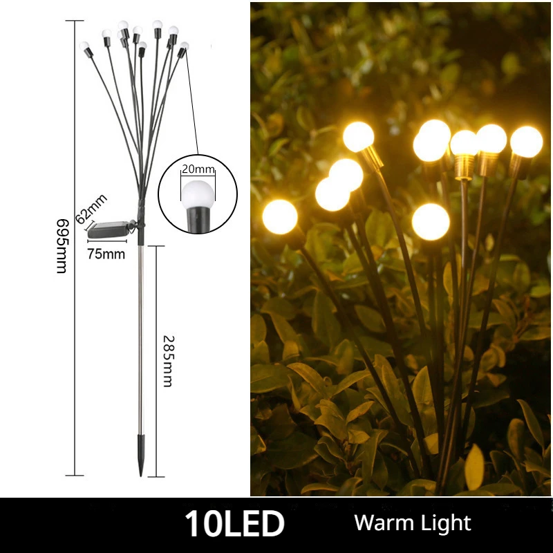 Imagem -06 - Solar Power Firefly Lights para Decoração de Jardim Exterior Impermeável Pátio Caminho Luz Quente 10led